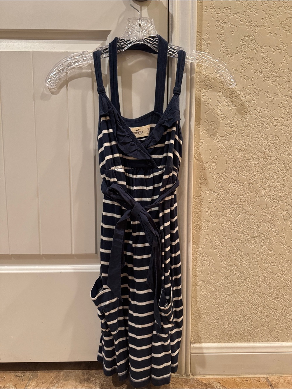 Hollister Navy and White Striped Mini Dress with Tie Waist